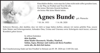 Traueranzeige von Anges Bunde (geb. Warnecke)  von Magdeburger Volksstimme