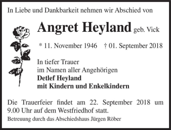 Traueranzeige von Angret Heyland (geb. Vick)  von Magdeburger Volksstimme
