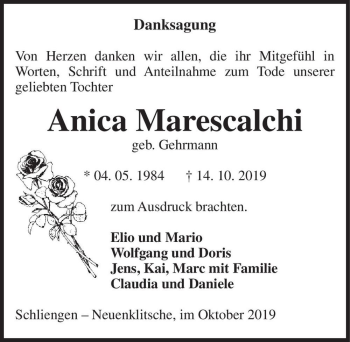 Traueranzeige von Anica Marescalchi (geb. Gehrmann)  von Magdeburger Volksstimme