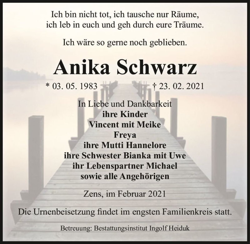  Traueranzeige für Anika Schwarz  vom 06.03.2021 aus Magdeburger Volksstimme