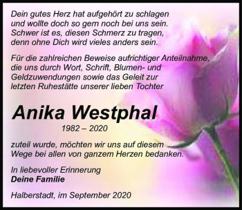 Traueranzeige von Anika Westphal  von Magdeburger Volksstimme