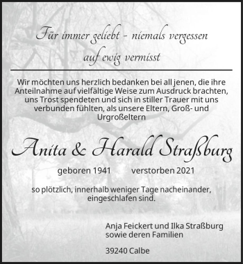 Traueranzeige von Anita & Harald Straßburg  von Magdeburger Volksstimme