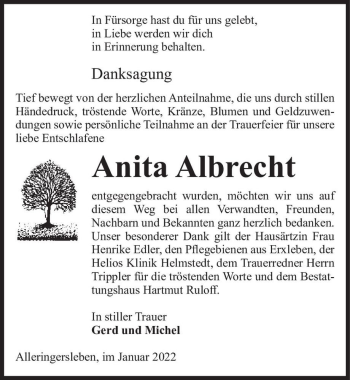 Traueranzeige von Anita Albrecht  von Magdeburger Volksstimme