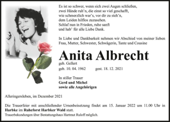 Traueranzeige von Anita Albrecht (geb. Gellert)  von Magdeburger Volksstimme