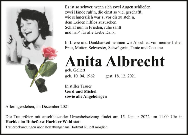  Traueranzeige für Anita Albrecht (geb. Gellert)  vom 23.12.2021 aus Magdeburger Volksstimme