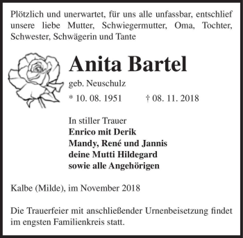Traueranzeige von Anita Bartel (geb. Neuschulz)  von Magdeburger Volksstimme