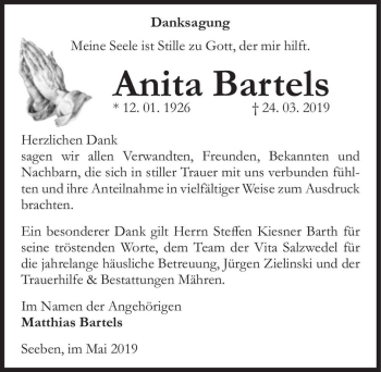 Traueranzeige von Anita Bartels  von Magdeburger Volksstimme