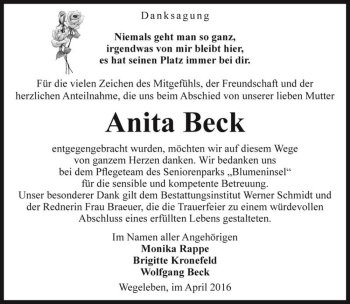 Traueranzeige von Anita Beck  von Magdeburger Volksstimme