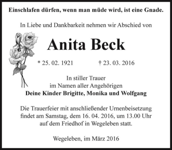 Traueranzeige von Anita Beck  von Magdeburger Volksstimme
