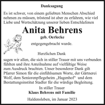 Traueranzeige von Anita Behrens (geb. Oerlecke)  von Magdeburger Volksstimme