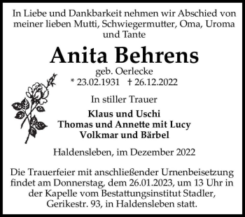 Traueranzeige von Anita Behrens (geb. Oerlecke)  von Magdeburger Volksstimme