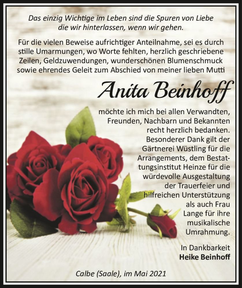 Traueranzeige für Anita Beinhoff  vom 22.05.2021 aus Magdeburger Volksstimme