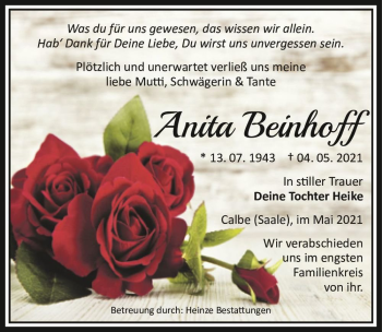 Traueranzeige von Anita Beinhoff  von Magdeburger Volksstimme