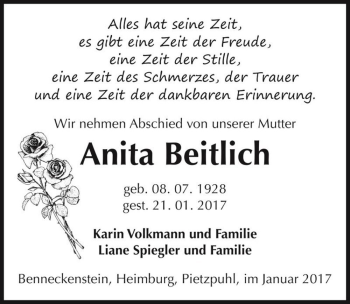 Traueranzeige von Anita Beitlich  von Magdeburger Volksstimme