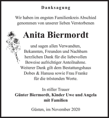 Traueranzeige von Anita Biermordt  von Magdeburger Volksstimme