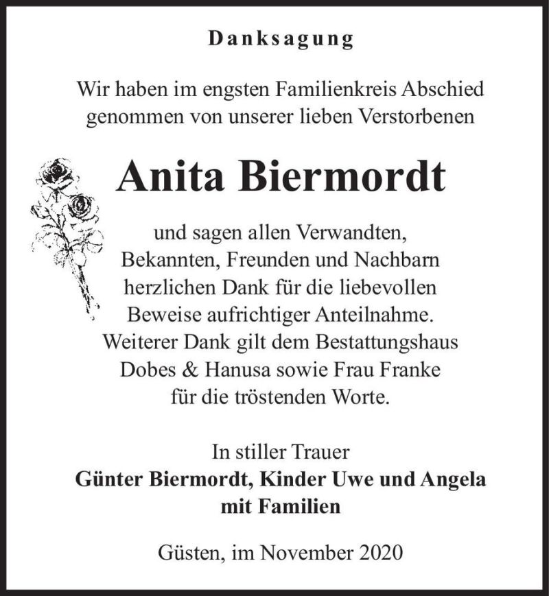  Traueranzeige für Anita Biermordt  vom 14.11.2020 aus Magdeburger Volksstimme