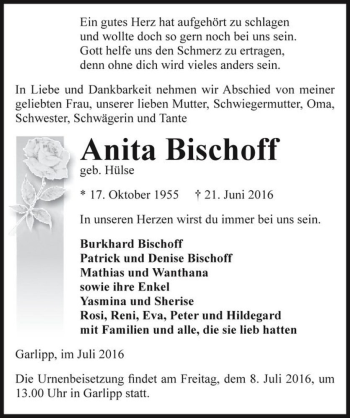 Traueranzeige von Anita Bischoff (geb. Hülse)  von Magdeburger Volksstimme