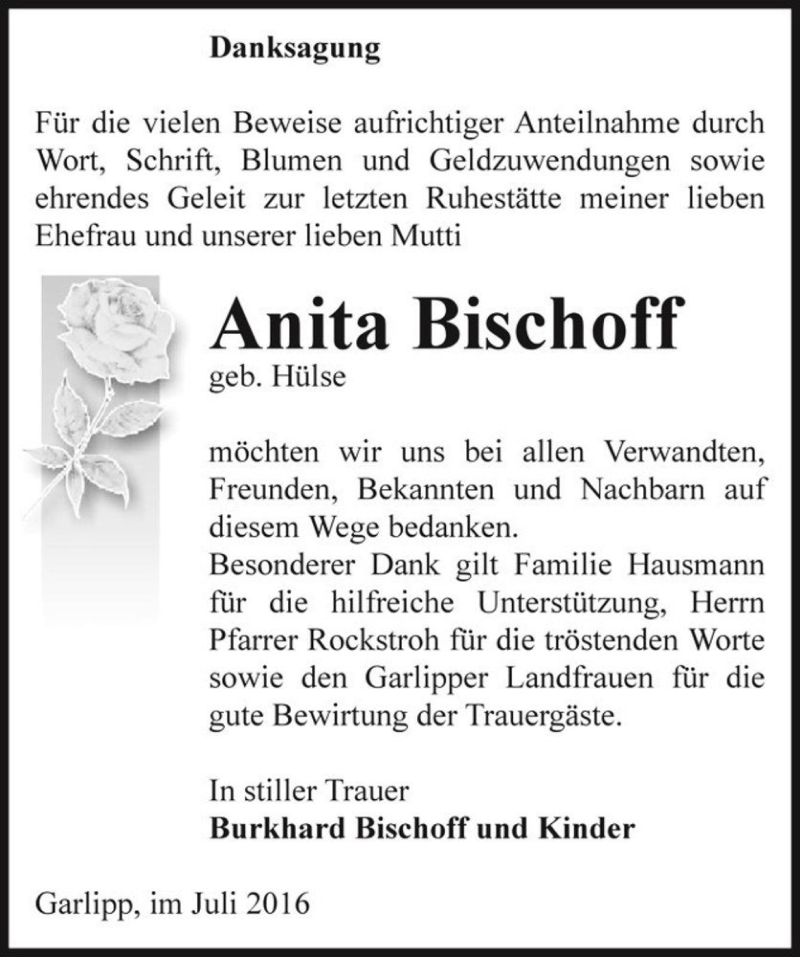  Traueranzeige für Anita Bischoff (geb. Hülse)  vom 22.07.2016 aus Magdeburger Volksstimme