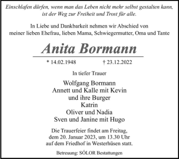 Traueranzeige von Anita Bormann  von Magdeburger Volksstimme