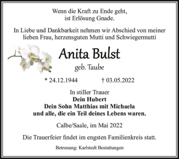 Traueranzeige von Anita Bulst (geb. Taube)  von Magdeburger Volksstimme