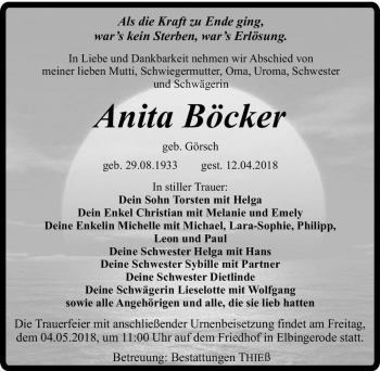 Traueranzeige von Anita Böcker (geb. Görsch)  von Magdeburger Volksstimme