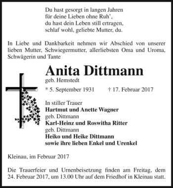 Traueranzeige von Anita Dittmann (geb. Hemstedt)  von Magdeburger Volksstimme