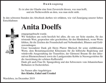 Traueranzeige von Anita Doelfs  von Magdeburger Volksstimme