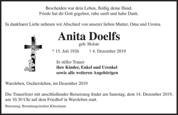 Traueranzeige von Anita Doelfs (geb. Holste)  von Magdeburger Volksstimme