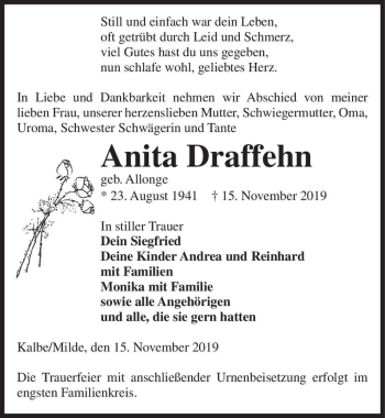 Traueranzeige von Anita Draffehn (geb. Allonge)  von Magdeburger Volksstimme