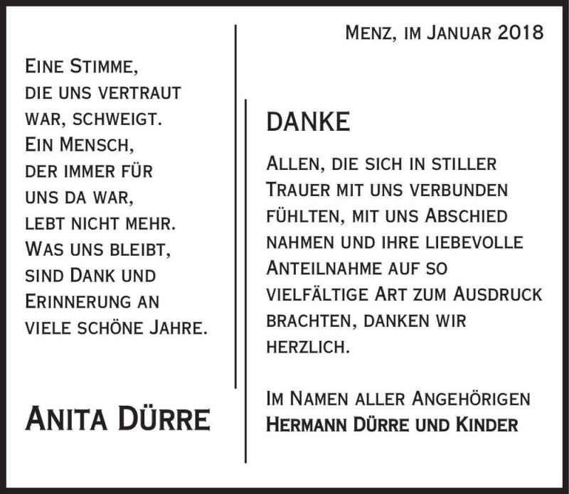  Traueranzeige für Anita Dürre  vom 27.01.2018 aus Magdeburger Volksstimme