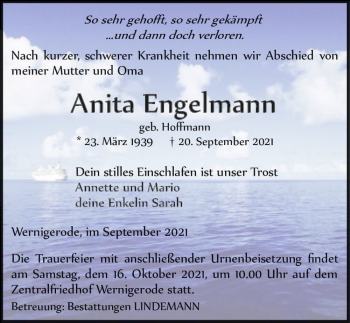 Traueranzeige von Anita Engelmann (geb. Hoffmann)  von Magdeburger Volksstimme