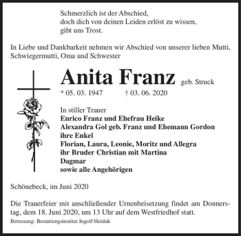 Traueranzeige von Anita Franz (geb. Struck)  von Magdeburger Volksstimme