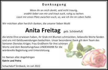 Traueranzeige von Anita Freitag (geb. Schönefuß)  von Magdeburger Volksstimme