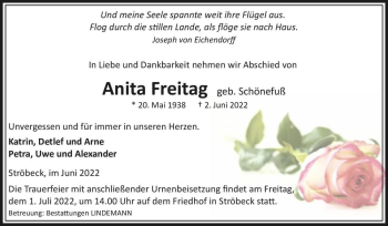 Traueranzeige von Anita Freitag (geb. Schönefuß)  von Magdeburger Volksstimme