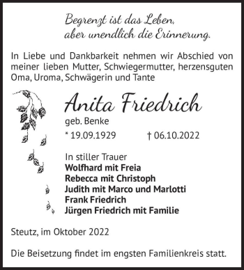 Traueranzeige von Anita Friedrich (geb. Benke)  von Magdeburger Volksstimme