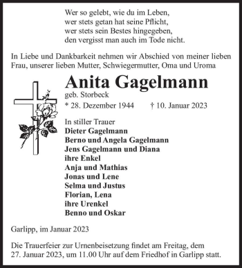 Traueranzeige von Anita Gagelmann (geb. Storbeck)  von Magdeburger Volksstimme