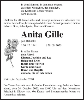 Traueranzeige von Anita Gille (geb. Behnecke)  von Magdeburger Volksstimme