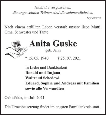 Traueranzeige von Anita Guske (geb. Jahn)  von Magdeburger Volksstimme