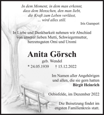 Traueranzeige von Anita Görsch (geb. Wendel)  von Magdeburger Volksstimme