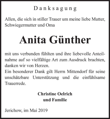 Traueranzeige von Anita Günther  von Magdeburger Volksstimme