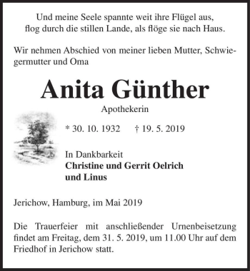 Traueranzeige von Anita Günther  von Magdeburger Volksstimme