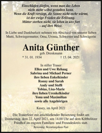 Traueranzeige von Anita Günther (geb. Drenkmann)  von Magdeburger Volksstimme