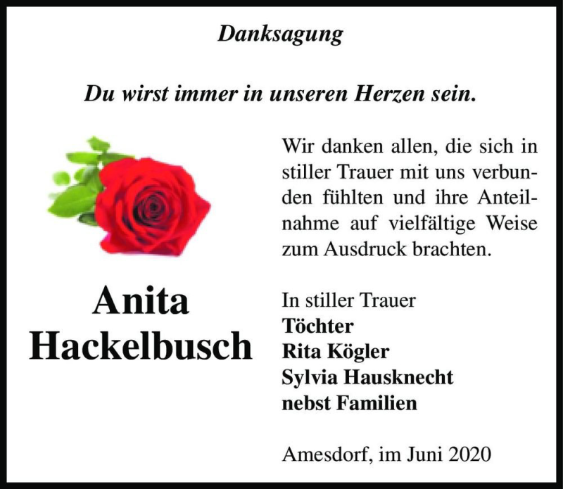 Traueranzeige für Anita Hackelbusch  vom 27.06.2020 aus Magdeburger Volksstimme