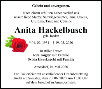 Traueranzeige von Anita Hackelbusch (geb. Jordan)  von Magdeburger Volksstimme
