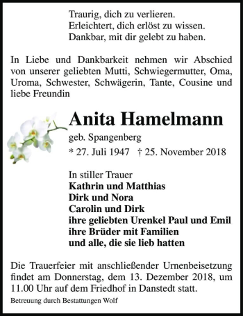 Traueranzeige von Anita Hamelmann (geb. Spangenberg)  von Magdeburger Volksstimme