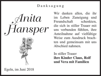 Traueranzeige von Anita Hansper  von Magdeburger Volksstimme