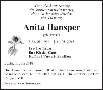 Traueranzeige von Anita Hansper (geb. Pratsch)  von Magdeburger Volksstimme