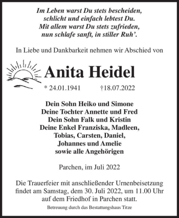 Traueranzeige von Anita Heidel  von Magdeburger Volksstimme