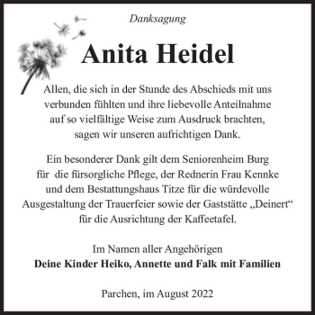 Traueranzeige von Anita Heidel  von Magdeburger Volksstimme
