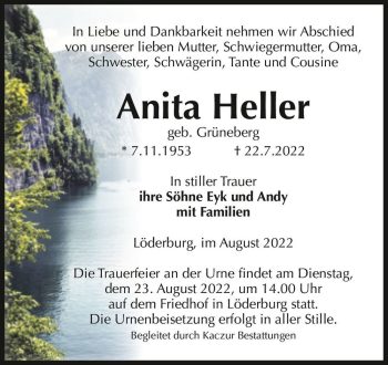 Traueranzeige von Anita Heller (geb. Grüneberg)  von Magdeburger Volksstimme